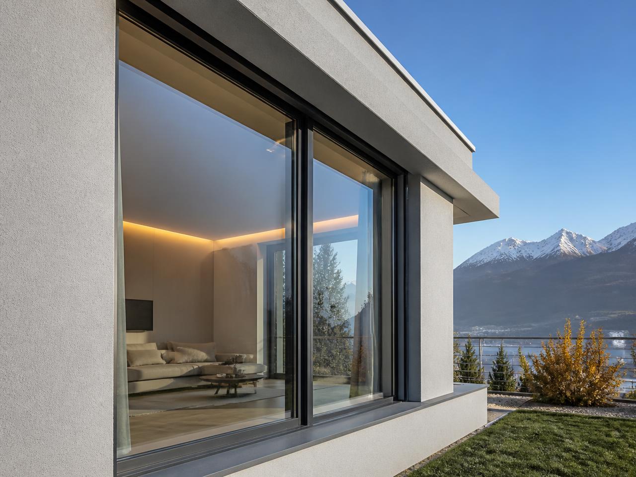 Grande finestra scorrevole in vetro e alluminio nero su una villa moderna con vista sulle montagne